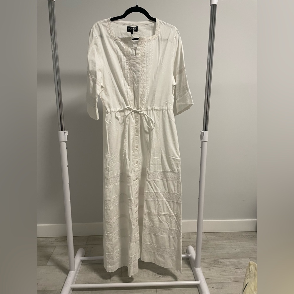 Women’s Wukogals White Maxi Long Dress Tunic Size M Drawstring
